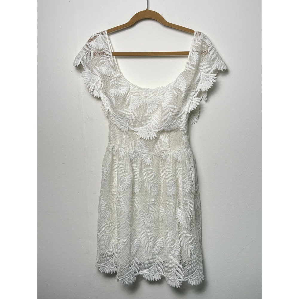 Lovers + Friends White Lace Ruffle Mini Dress Medium Off Shoulder Bridal Shower